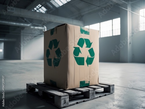 Recycling Symbol on Cardboard Box in a Warehouse. photo