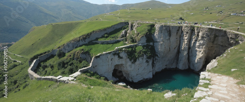 Rrënojat e lashta greke dhe romake në një mjedis të gjelbëruar. Strukturat e vjetra prej guri, një amfiteatër romak dhe një portë mbresëlënëse janë të rrethuara nga pemë dhe ujë. photo