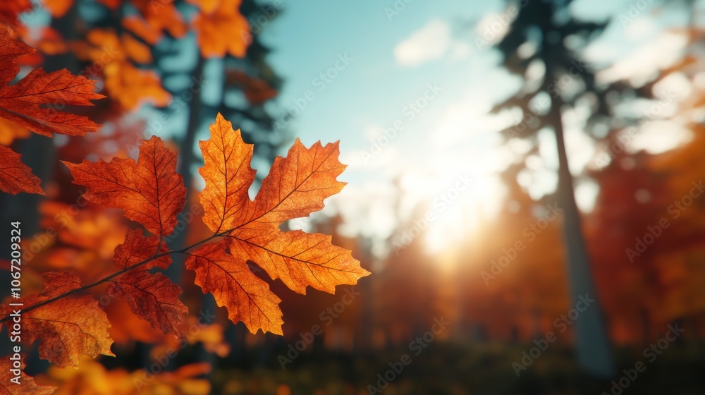Close-up of a vibrant orange maple leaf in a forest during autumn with the sun shining through the trees. Close-up of a vibrant orange maple leaf in a forest during autumn with the sun shining through the trees.