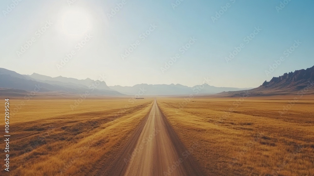 Desert Road - Straight road cutting through a vast desert, with distant mountains on the horizon. Desert Road - Straight road cutting through a vast desert, with distant mountains on the horizon.