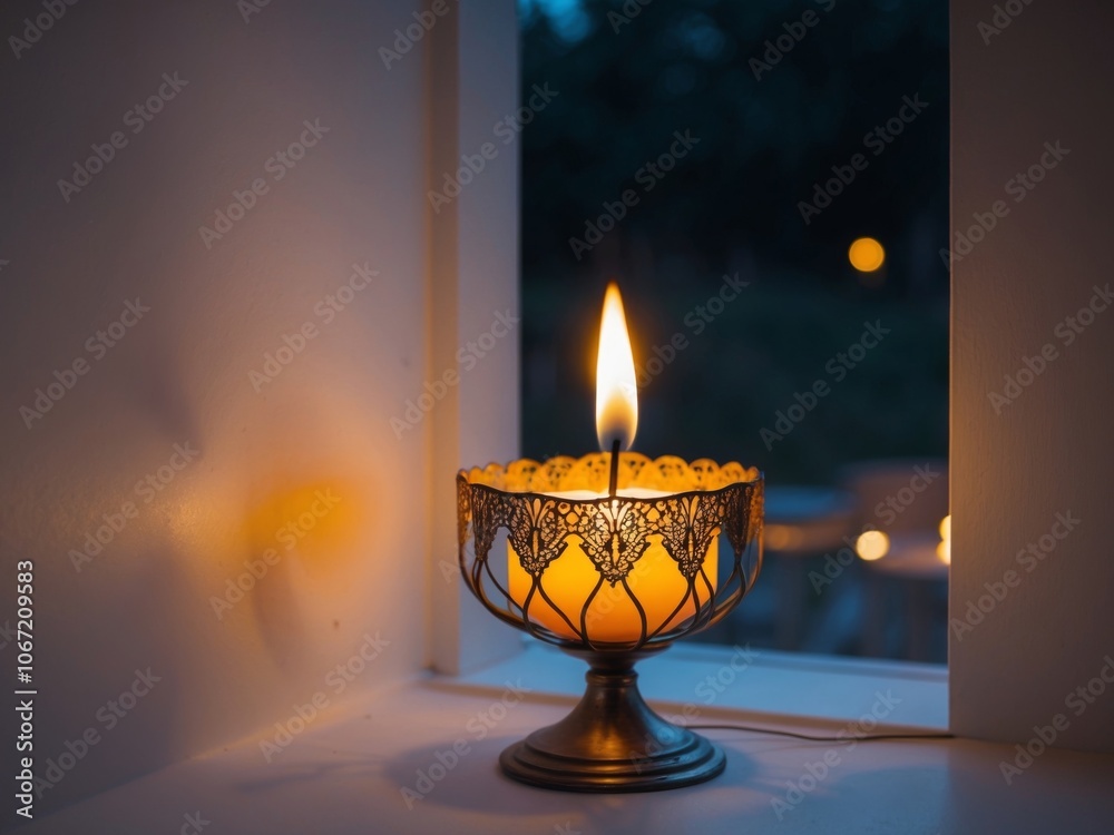 Fototapeta premium Warm candle light shines through a decorative holder in a dimly lit environment during the evening.