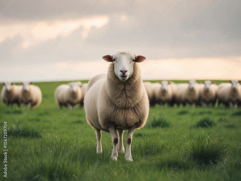 Obraz premium A sheep stands in a lush green field with grazing flock in the background under a cloudy sky.