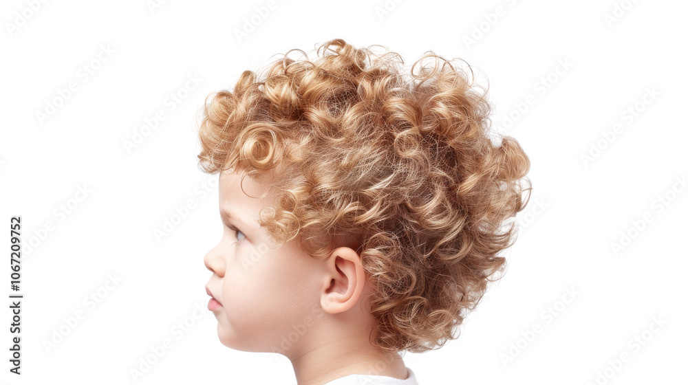 Child with curly hair, profile view, white isolated background. Child with curly hair, profile view, white isolated background.