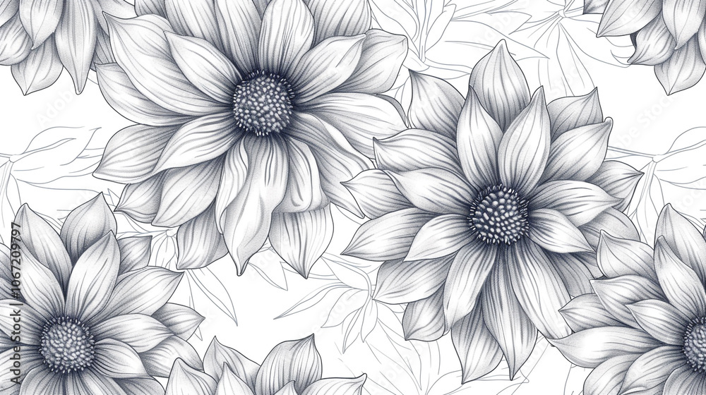 A black and white drawing of a flower with a white background. The flower is a dahlias and it is surrounded by other dahlias. A black and white drawing of a flower with a white background. The flower is a dahlias and it is surrounded by other dahlias.