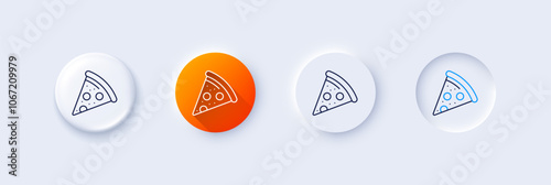 Pizza slice line icon. Neumorphic, Orange gradient, 3d pin buttons. Pizzeria food sign. Fast food symbol. Line icons. Neumorphic buttons with outline signs. Vector