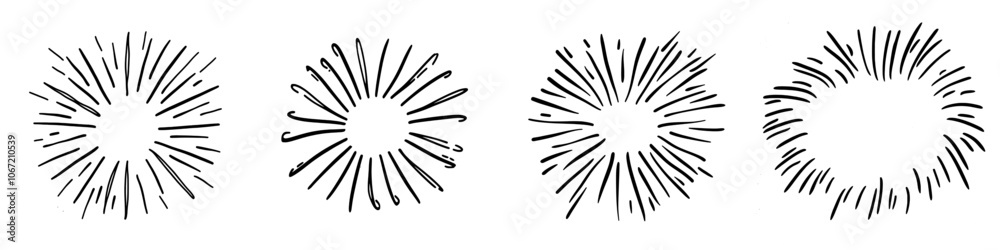 Fototapeta premium Icon of a vintage sunburst. Hand drawn illustration sign of an explosion. Element Fireworks. Black Rays.