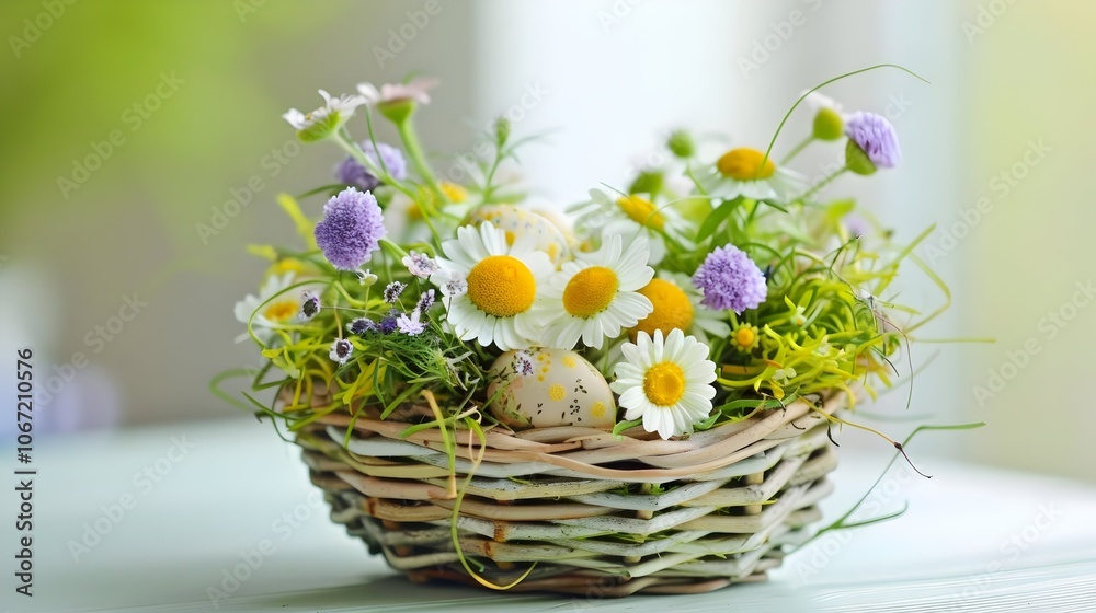 Beautiful Basket of Colorful Spring Flowers on Wooden Table Beautiful Basket of Colorful Spring Flowers on Wooden Table