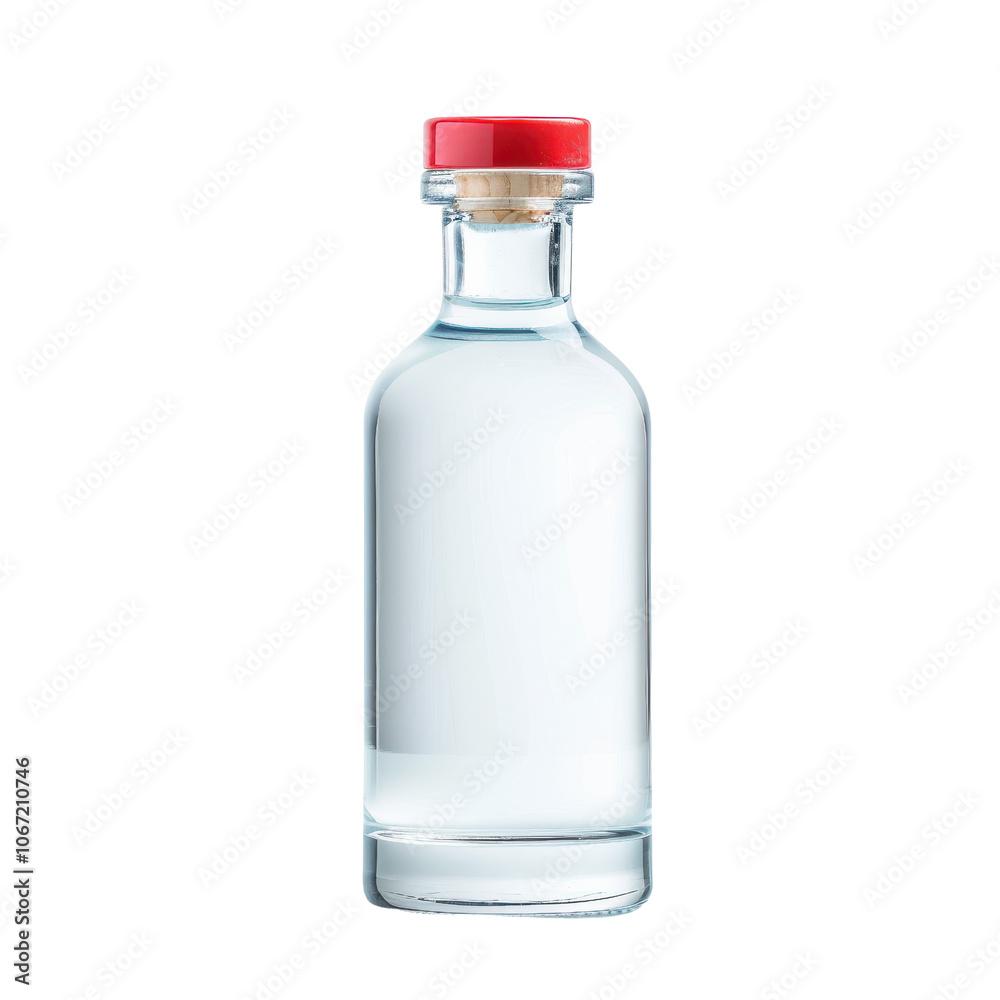 Clear glass bottle with red cork, white isolate background. Clear glass bottle with red cork, white isolate background.