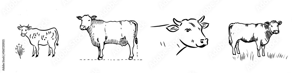 Fototapeta premium Liner cow animal icon, simple hand drawn flat illustration in eps format
