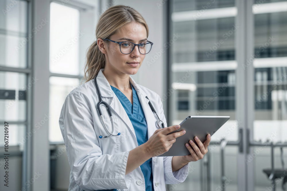 A female doctor in a white lab coat is holding a tablet in her hand. She is wearing glasses and she is focused on the screen. Concept of professionalism and dedication