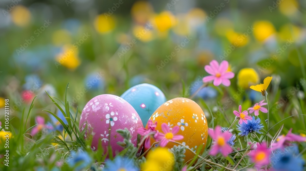 Colorful Easter eggs hidden in a lush spring meadow with vibrant wildflowers and greenery Colorful Easter eggs hidden in a lush spring meadow with vibrant wildflowers and greenery