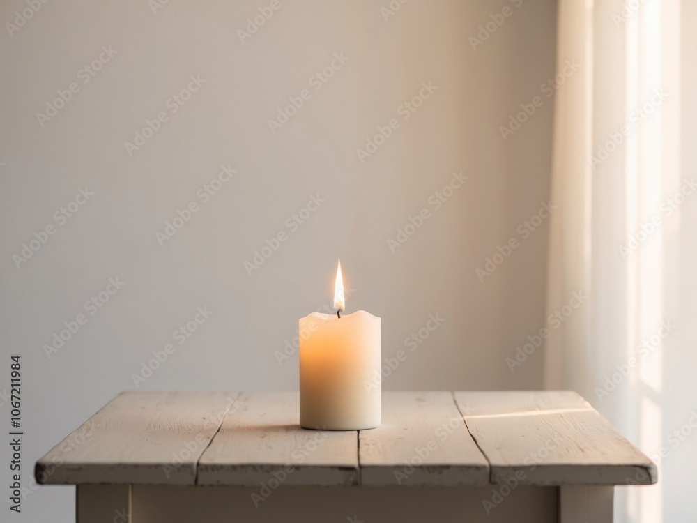 A lit candle on a table illuminated by soft morning light.