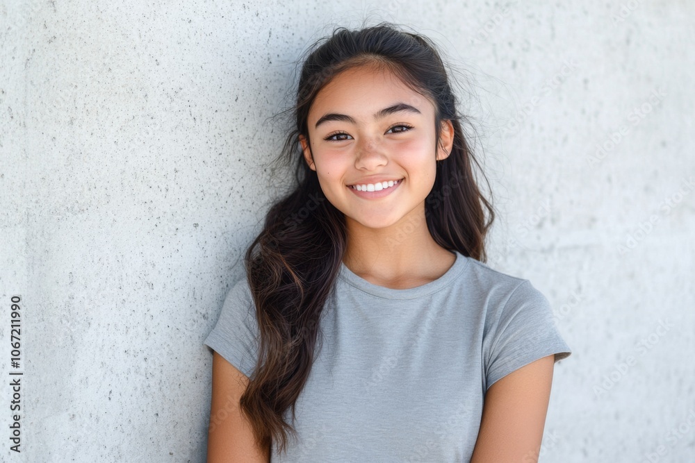 Cute Young Woman Smiling at Camera with Ponytail, Wearing Short-Sleeved Top on Light Gray Textured Background Cute Young Woman Smiling at Camera with Ponytail, Wearing Short-Sleeved Top on Light Gray Textured Background