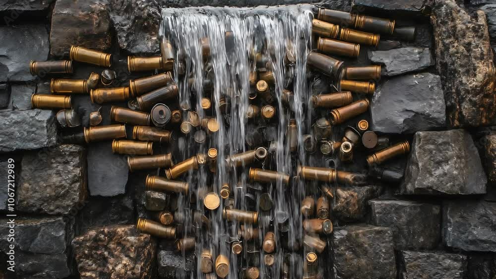 The Cascade of Combat: A waterfall-inspired sculpture made entirely from bullet casings, cascading down a stone wall in a mesmerizing display