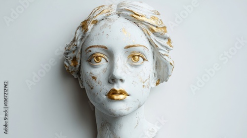 Elegant replica of ancient Venus head, plaster with golden highlights, set against a white background