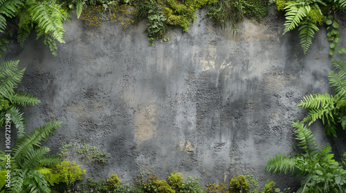 concrete wall surface with moss and fern plants product showcase background