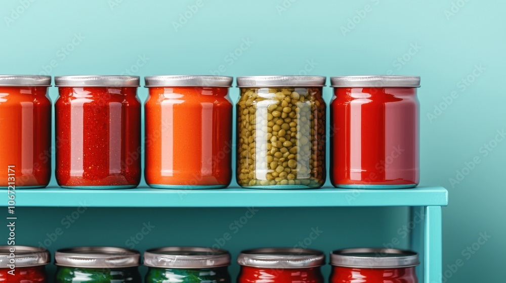 A row of glass jars filled with various types of food, including chili sauce and green beans. The jars are lined up on a blue shelf, creating a sense of organization and abundance A row of glass jars filled with various types of food, including chili sauce and green beans. The jars are lined up on a blue shelf, creating a sense of organization and abundance