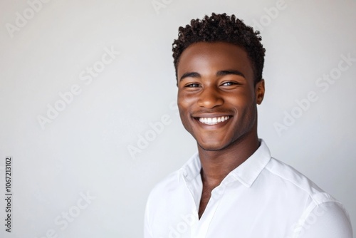 Handsome Young Man Smiling in White Shirt Against White Background, Cinematic Studio Portrait