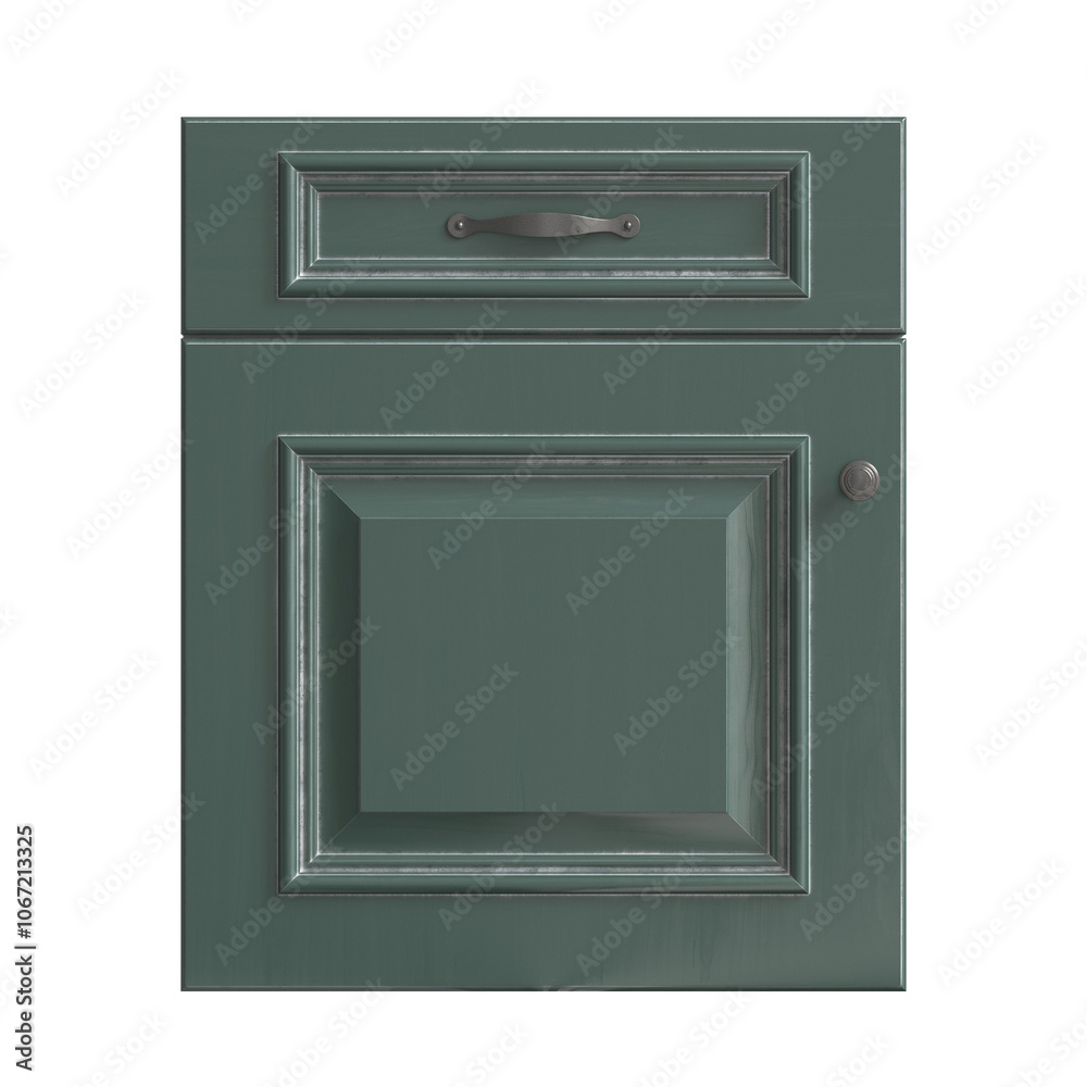 Green wooden kitchen facade, doors for kitchen cabinets 3D rendering, front view Green wooden kitchen facade, doors for kitchen cabinets 3D rendering, front view
