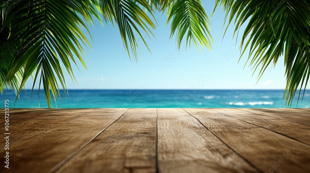 Experience tranquility as palm leaves frame a breathtaking ocean view from a rustic wooden deck Experience tranquility as palm leaves frame a breathtaking ocean view from a rustic wooden deck
