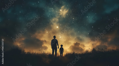 A Heartwarming Father and Son Nighttime Adventure Under a Starry Sky in a Whimsical Watercolor Illustration