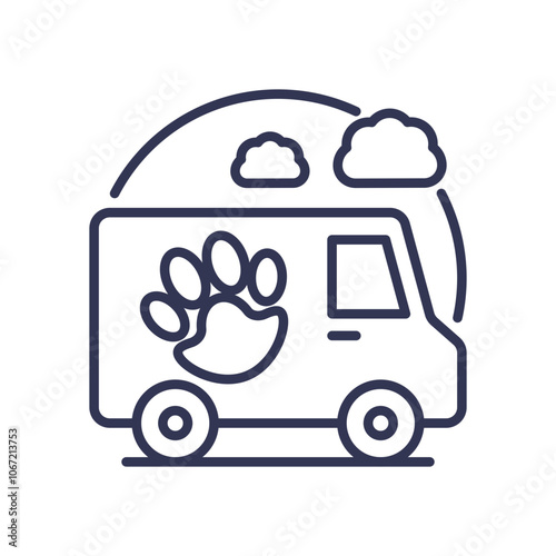 Outline of a pet service van with a paw print, symbolizing mobile pet care.