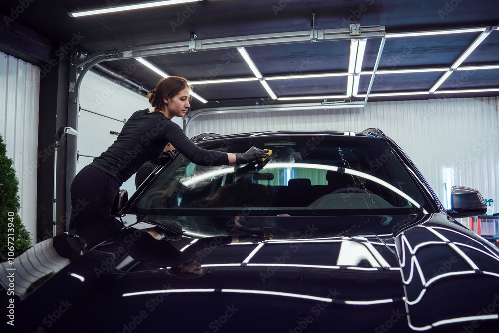 Technician polishing the car windshield Technician polishing the car windshield