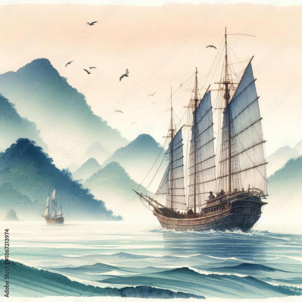 Obraz premium Sailing Vessel by Mist-Covered Mountains