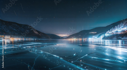 Fototapeta Naklejka Na Ścianę i Meble -  Stunning night view of a frozen lake surrounded by mountains and stars
