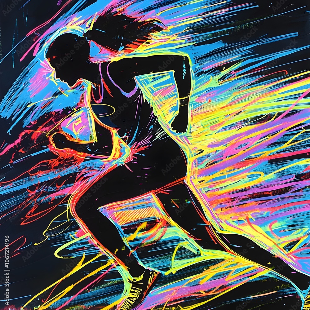 Runner Silhouette Surrounded by Neon Streaks and High Energy Runner Silhouette Surrounded by Neon Streaks and High Energy