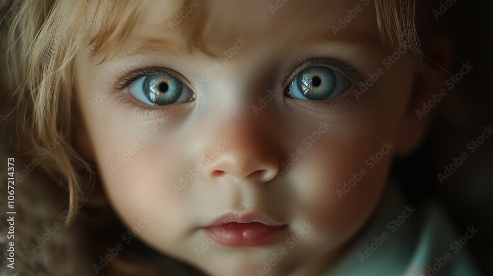 A close-up portrait of a young child with striking blue eyes and blonde hair, gazing thoughtfully in soft, natural light A close-up portrait of a young child with striking blue eyes and blonde hair, gazing thoughtfully in soft, natural light
