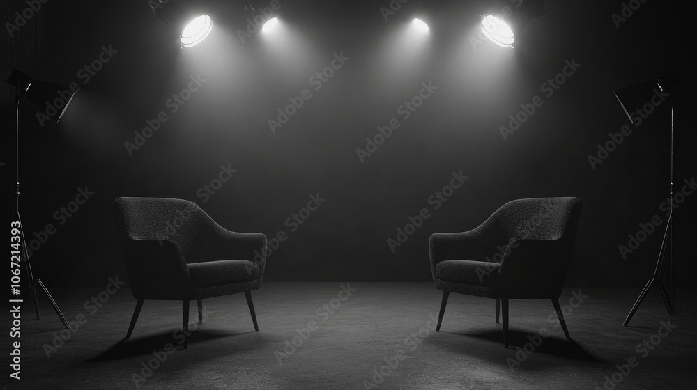 Elegant podcast studio with two chairs facing each other under spotlights, dark background with space for branding or media elements. Elegant podcast studio with two chairs facing each other under spotlights, dark background with space for branding or media elements.