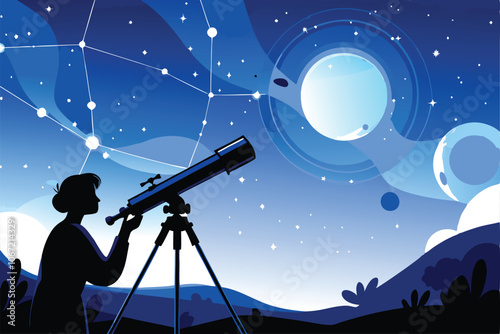 A lone astronomer stands silhouetted against a breathtaking starry night, their telescope pointed towards the heavens, capturing the beauty of the cosmos.