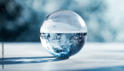 transparent round glass ball on blue background, close up view