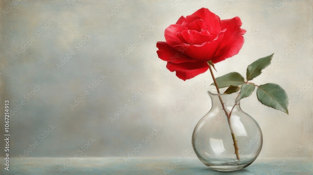 Elegant Red Rose in Glass Vase on Soft Background Elegant Red Rose in Glass Vase on Soft Background