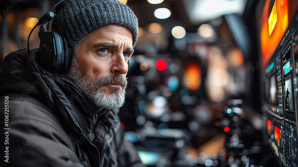 Focused Man Monitoring Video Equipment in a Busy Studio During a Project. Generative AI Focused Man Monitoring Video Equipment in a Busy Studio During a Project. Generative AI