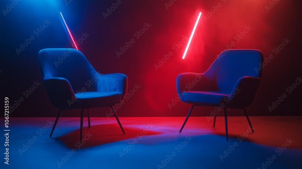 Modern podcast or interview setup featuring two chairs under soft lights, dark background ready for branding, perfect for media use.