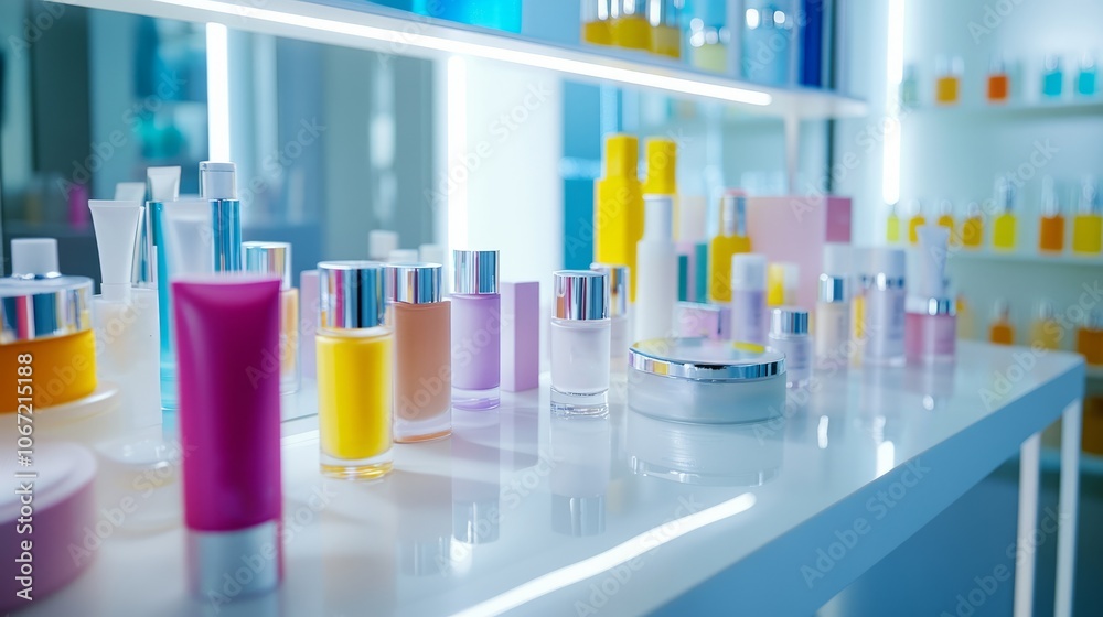 a white clean table with a lot of bright cosmetic products on it a white clean table with a lot of bright cosmetic products on it