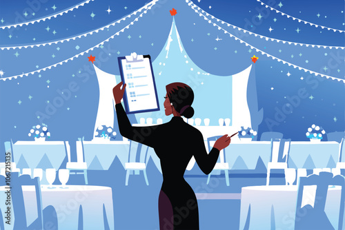 A professional event planner meticulously arranges seating for a large event while carefully checking a detailed checklist.