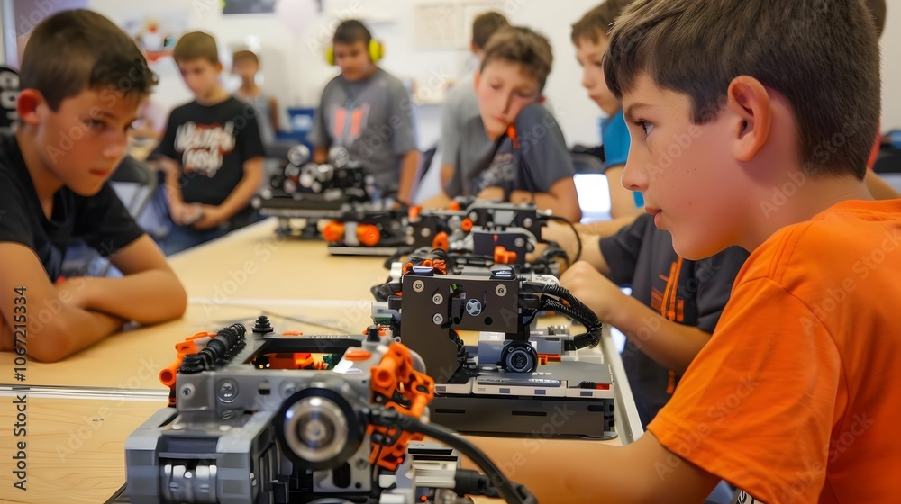 Students Engaging in Hands-on Robotics and Engineering Projects in Classroom Setting Students Engaging in Hands-on Robotics and Engineering Projects in Classroom Setting