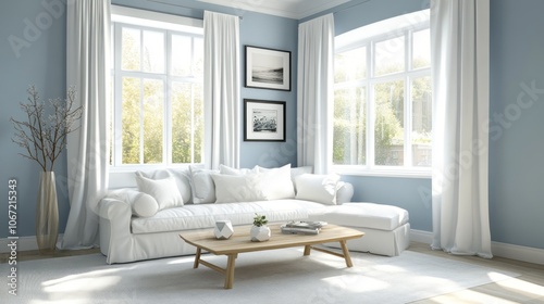 A Bright and Airy Living Room with a White Sofa and Wooden Coffee Table