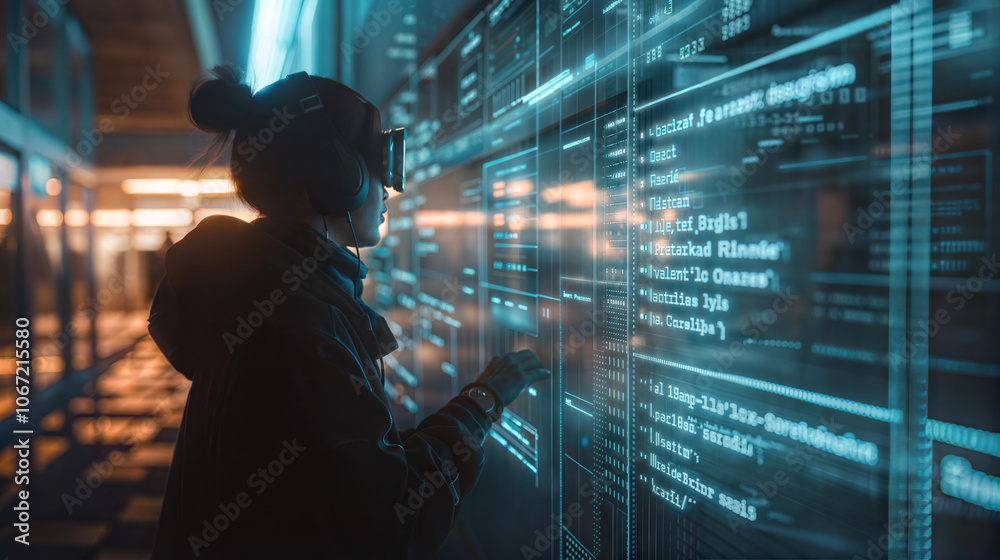Futuristic programmer exploring virtual interface with augmented reality technology Futuristic programmer exploring virtual interface with augmented reality technology