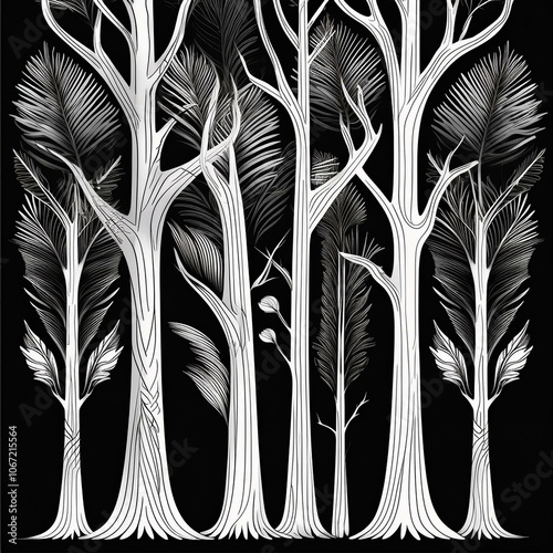 isolated white trees trunks and typical stems