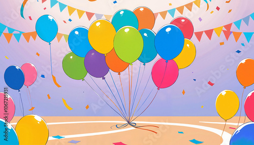 Cartoon illustration style, Festive Office Party, a group of colorful balloons and confetti falling, minimal background, festive atmosphere, bold flat colors, concept of celebration in the office