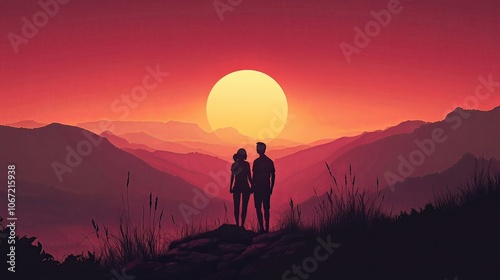 Happy couple enjoying a sunset hike on a mountain trail, admiring panoramic views. 