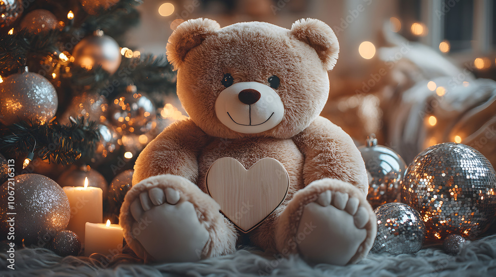 A Whimsical Scene of a Large Cuddly Bear Plushie Surrounded by Disco Elements and Candlelight in a Cozy Living Room A Whimsical Scene of a Large Cuddly Bear Plushie Surrounded by Disco Elements and Candlelight in a Cozy Living Room
