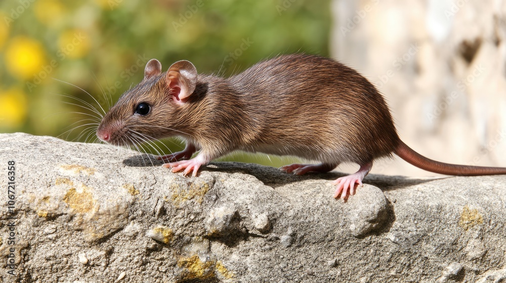 Rat in the wall of an old house. The rat is on top and peeking out from behind the concrete brick, an common domestic rodent animal near a home with dirty fur. Rat in the wall of an old house. The rat is on top and peeking out from behind the concrete brick, an common domestic rodent animal near a home with dirty fur.