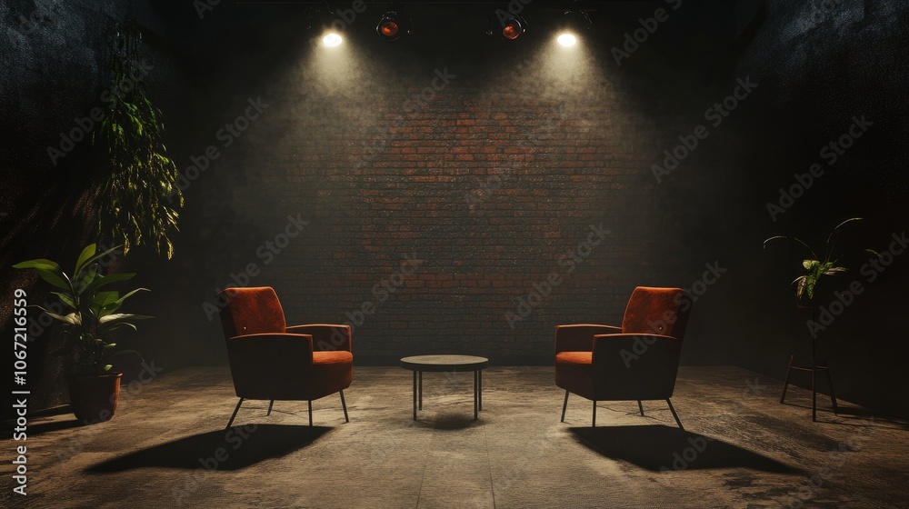 Simple yet professional interview space with chairs and spotlights, dark and moody background for text overlays, for media or podcast creators Simple yet professional interview space with chairs and spotlights, dark and moody background for text overlays, for media or podcast creators