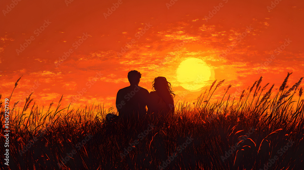 Emotional Connection: A Line Art Representation of Comfort Between Lovers Under a Sunset Emotional Connection: A Line Art Representation of Comfort Between Lovers Under a Sunset