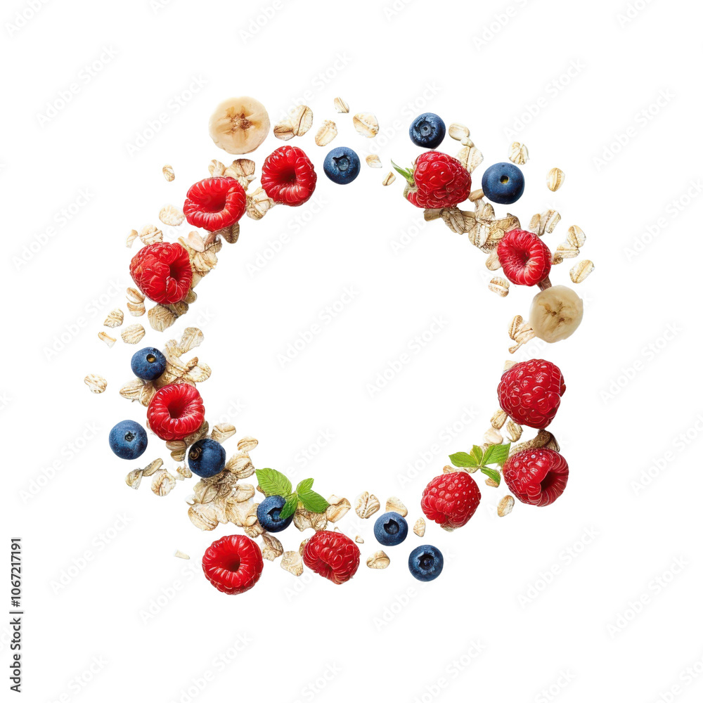 Fruit and oats arranged in a decorative circular wreath shape. Fruit and oats arranged in a decorative circular wreath shape.